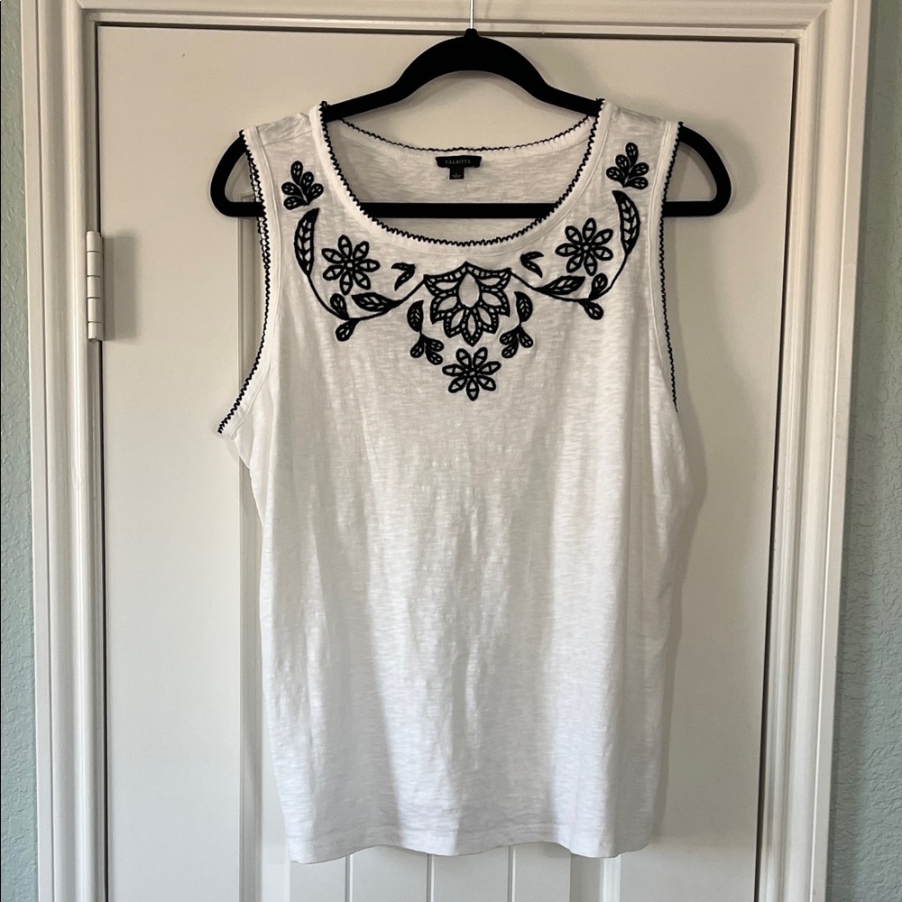 Talbots White Tank Top with Black Embroidery